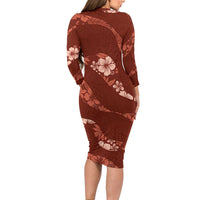 Aloha Hawaii Floral Tapa Family Matching Long Sleeve Bodycon Dress and Hawaiian Shirt Patchwork Crimson LT7 - Polynesian Pride