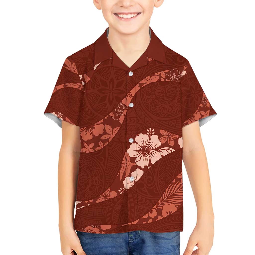 Aloha Hawaii Floral Tapa Family Matching Long Sleeve Bodycon Dress and Hawaiian Shirt Patchwork Crimson LT7 Son's Shirt Crimson - Polynesian Pride