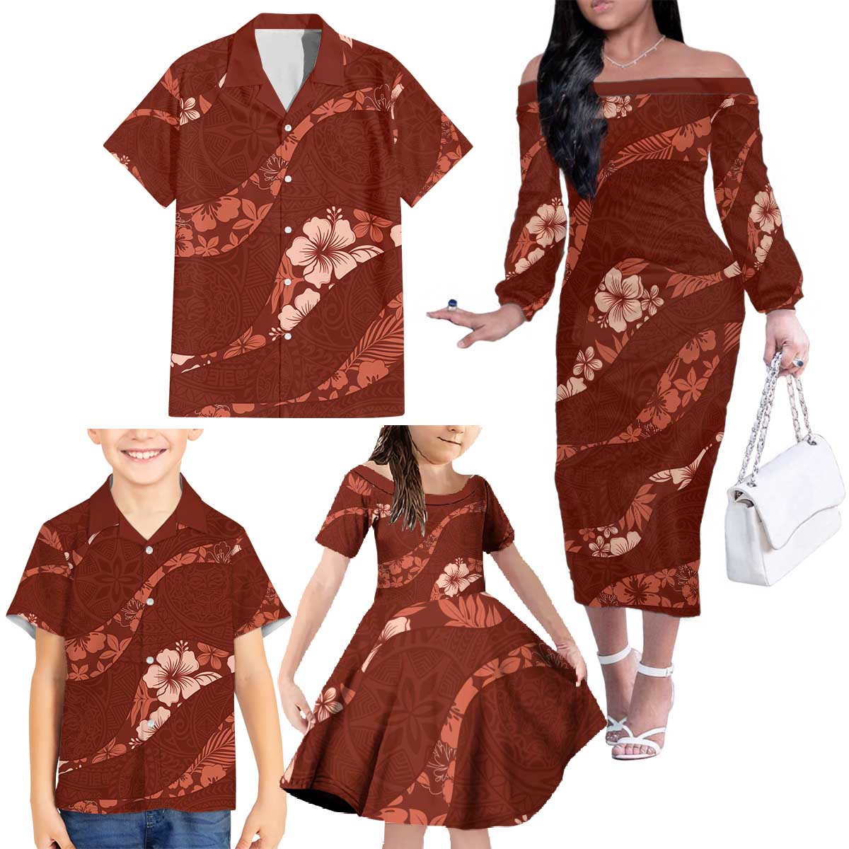 Aloha Hawaii Floral Tapa Family Matching Off The Shoulder Long Sleeve Dress and Hawaiian Shirt Patchwork Crimson - Polynesian Pride