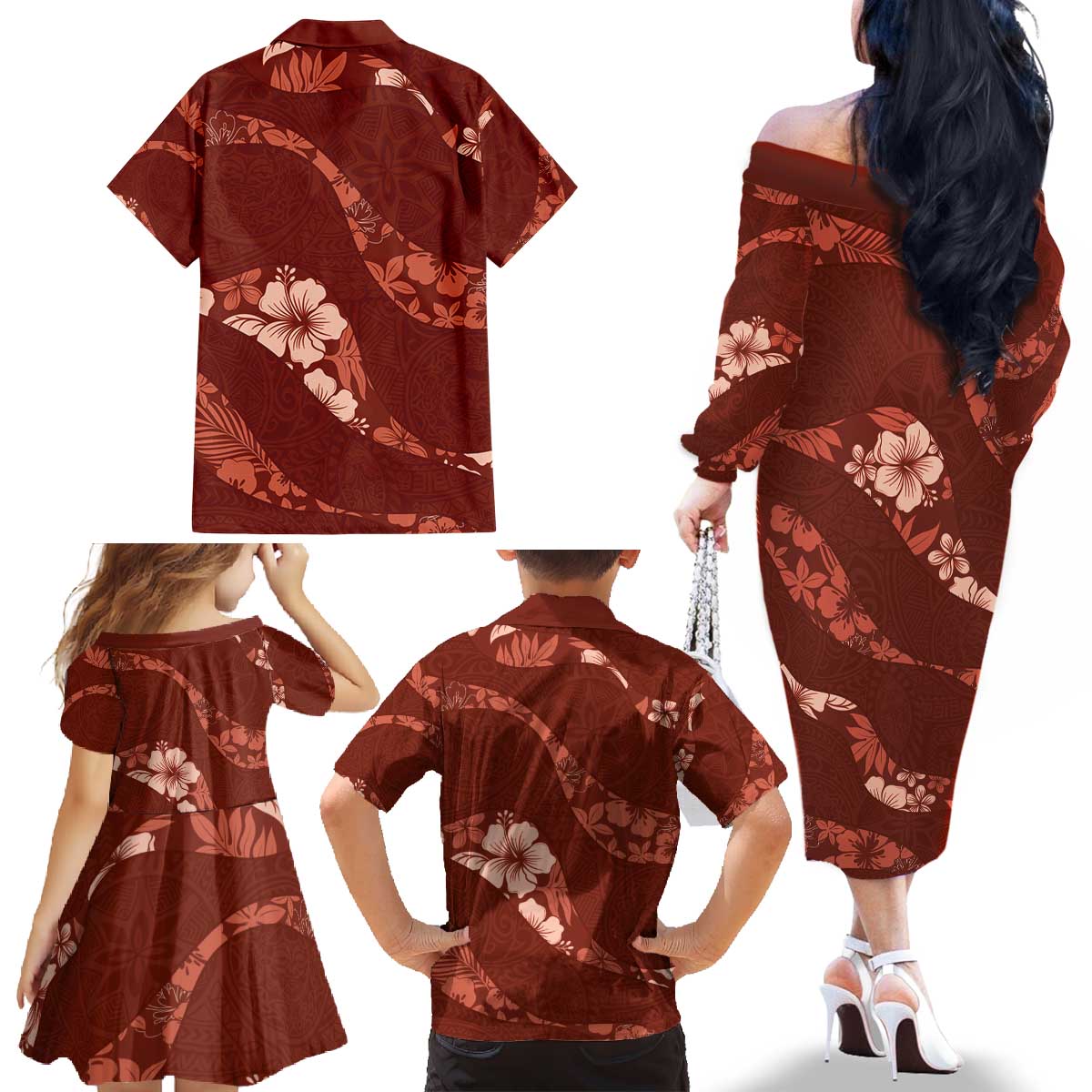 Aloha Hawaii Floral Tapa Family Matching Off The Shoulder Long Sleeve Dress and Hawaiian Shirt Patchwork Crimson - Polynesian Pride