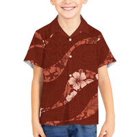 Aloha Hawaii Floral Tapa Family Matching Off The Shoulder Long Sleeve Dress and Hawaiian Shirt Patchwork Crimson - Polynesian Pride