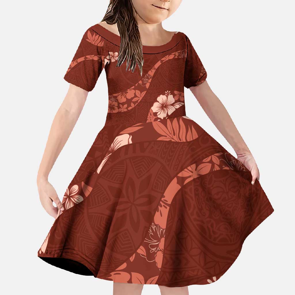 Aloha Hawaii Floral Tapa Family Matching Short Sleeve Bodycon Dress and Hawaiian Shirt Patchwork Crimson LT7 Daughter's Dress Crimson - Polynesian Pride