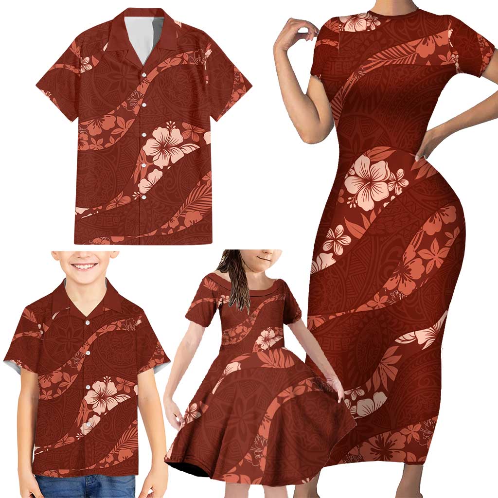 Aloha Hawaii Floral Tapa Family Matching Short Sleeve Bodycon Dress and Hawaiian Shirt Patchwork Crimson LT7 - Polynesian Pride