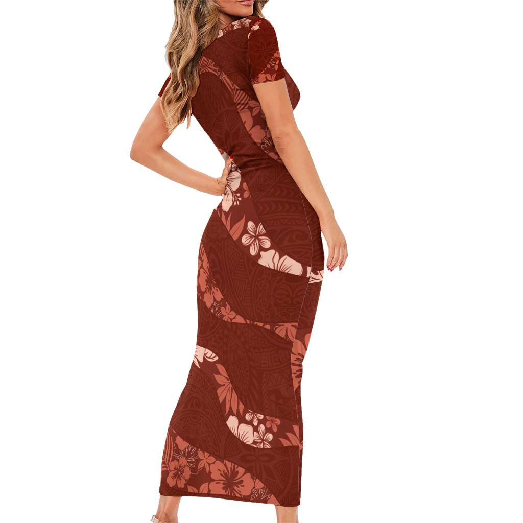 Aloha Hawaii Floral Tapa Family Matching Short Sleeve Bodycon Dress and Hawaiian Shirt Patchwork Crimson LT7 - Polynesian Pride