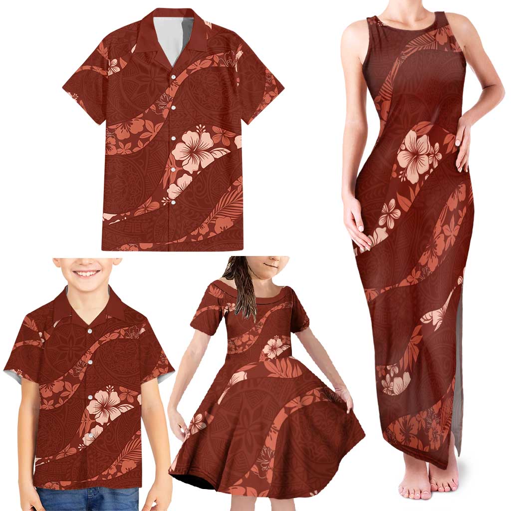 Aloha Hawaii Floral Tapa Family Matching Tank Maxi Dress and Hawaiian Shirt Patchwork Crimson - Polynesian Pride