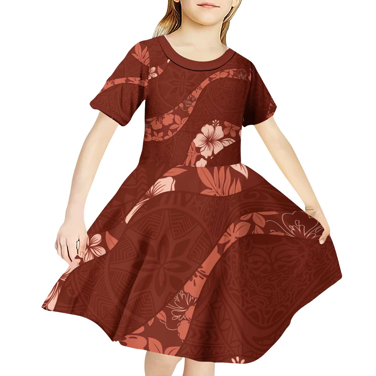 Aloha Hawaii Floral Tapa Kid Short Sleeve Dress Patchwork Crimson LT7 - Polynesian Pride