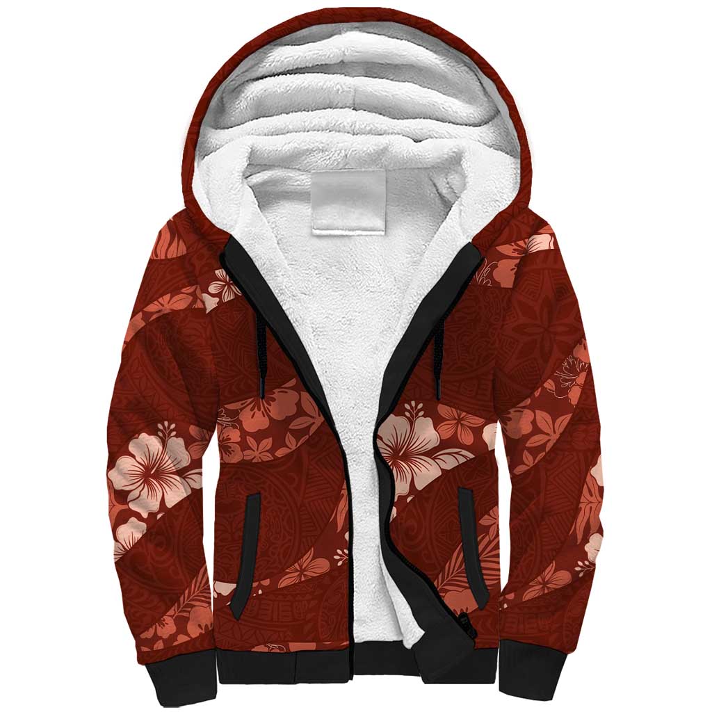 Aloha Hawaii Floral Tapa Sherpa Hoodie Patchwork Crimson - Polynesian Pride