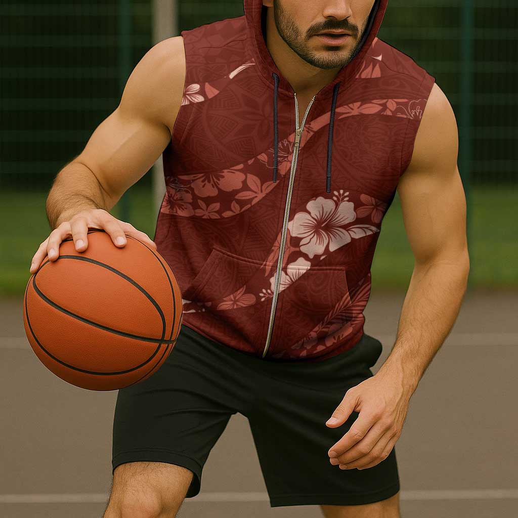 Aloha Hawaii Floral Tapa Sleeveless Zip Hoodie Patchwork Crimson - Polynesian Pride
