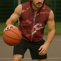 Aloha Hawaii Floral Tapa Sleeveless Zip Hoodie Patchwork Crimson - Polynesian Pride