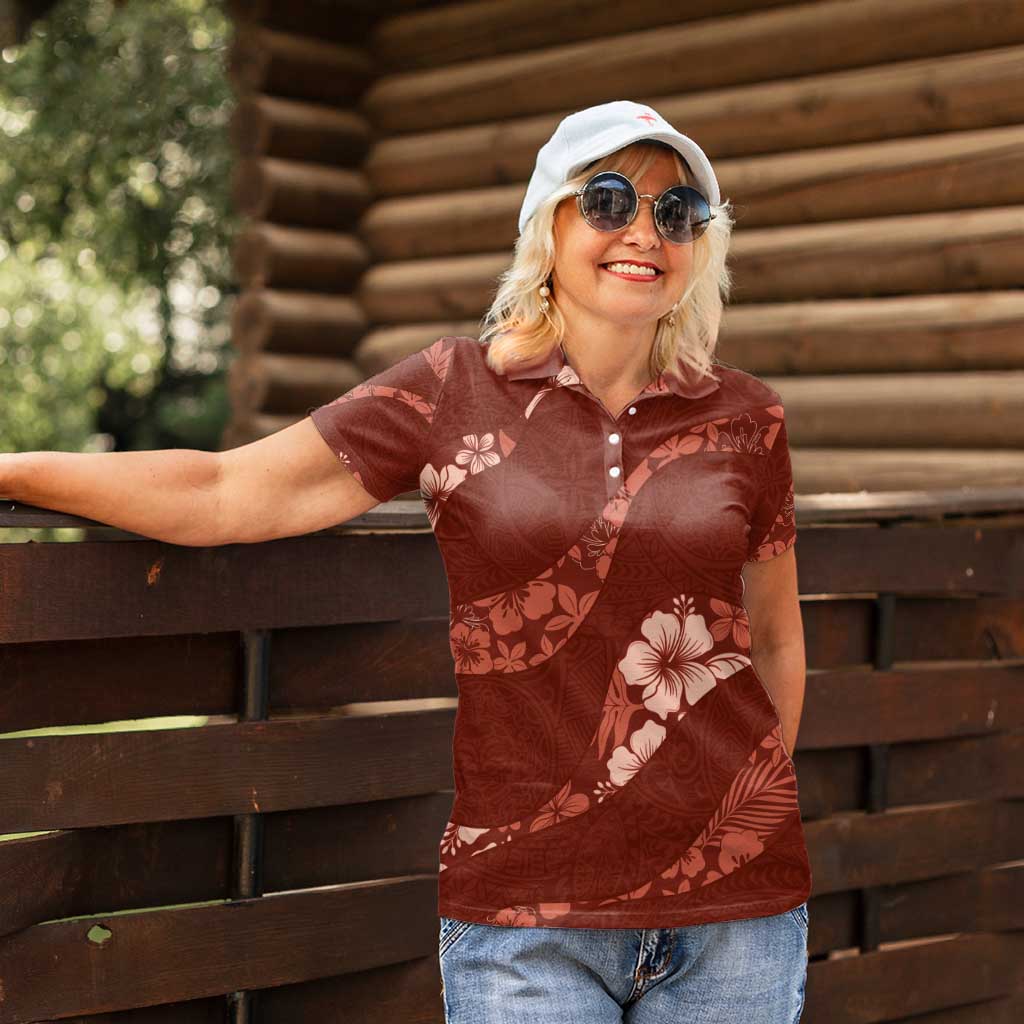 Aloha Hawaii Floral Tapa Women Polo Shirt Patchwork Crimson - Polynesian Pride