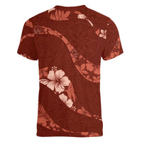 Aloha Hawaii Floral Tapa Women V-Neck T-Shirt Patchwork Crimson - Polynesian Pride