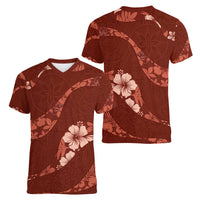 Aloha Hawaii Floral Tapa Women V-Neck T-Shirt Patchwork Crimson - Polynesian Pride