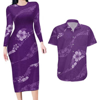 Aloha Hawaii Floral Tapa Couples Matching Long Sleeve Bodycon Dress and Hawaiian Shirt Patchwork Violet - Polynesian Pride