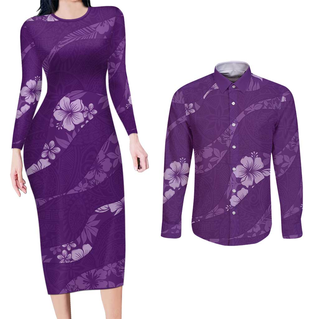 Aloha Hawaii Floral Tapa Couples Matching Long Sleeve Bodycon Dress and Long Sleeve Button Shirt Patchwork Violet - Polynesian Pride