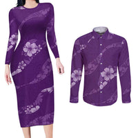 Aloha Hawaii Floral Tapa Couples Matching Long Sleeve Bodycon Dress and Long Sleeve Button Shirt Patchwork Violet LT7 Violet - Polynesian Pride