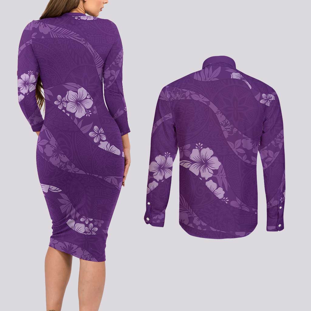 Aloha Hawaii Floral Tapa Couples Matching Long Sleeve Bodycon Dress and Long Sleeve Button Shirt Patchwork Violet LT7 - Polynesian Pride