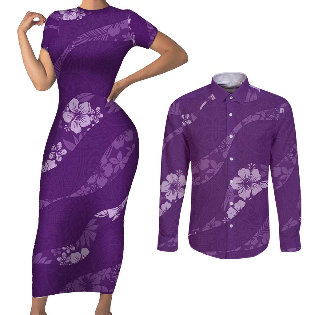 Aloha Hawaii Floral Tapa Couples Matching Short Sleeve Bodycon Dress and Long Sleeve Button Shirt Patchwork Violet - Polynesian Pride