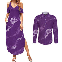 Aloha Hawaii Floral Tapa Couples Matching Summer Maxi Dress and Long Sleeve Button Shirt Patchwork Violet LT7 Violet - Polynesian Pride