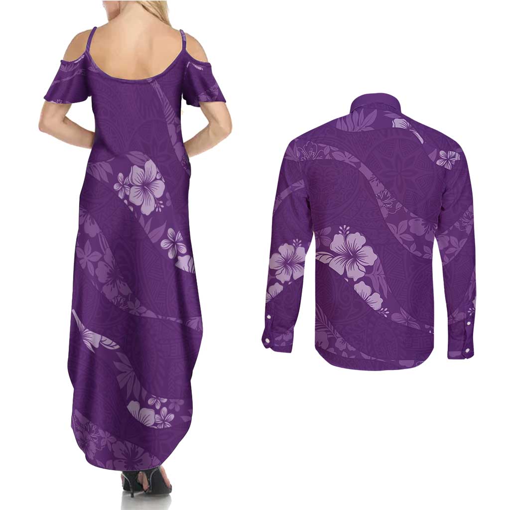 Aloha Hawaii Floral Tapa Couples Matching Summer Maxi Dress and Long Sleeve Button Shirt Patchwork Violet LT7 - Polynesian Pride