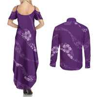 Aloha Hawaii Floral Tapa Couples Matching Summer Maxi Dress and Long Sleeve Button Shirt Patchwork Violet LT7 - Polynesian Pride