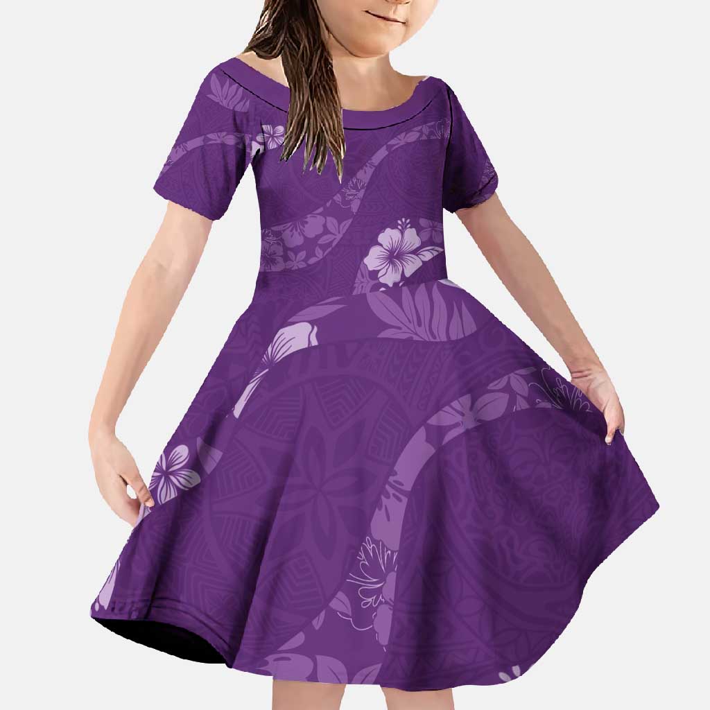 Aloha Hawaii Floral Tapa Family Matching Long Sleeve Bodycon Dress and Hawaiian Shirt Patchwork Violet LT7 Daughter's Dress Violet - Polynesian Pride