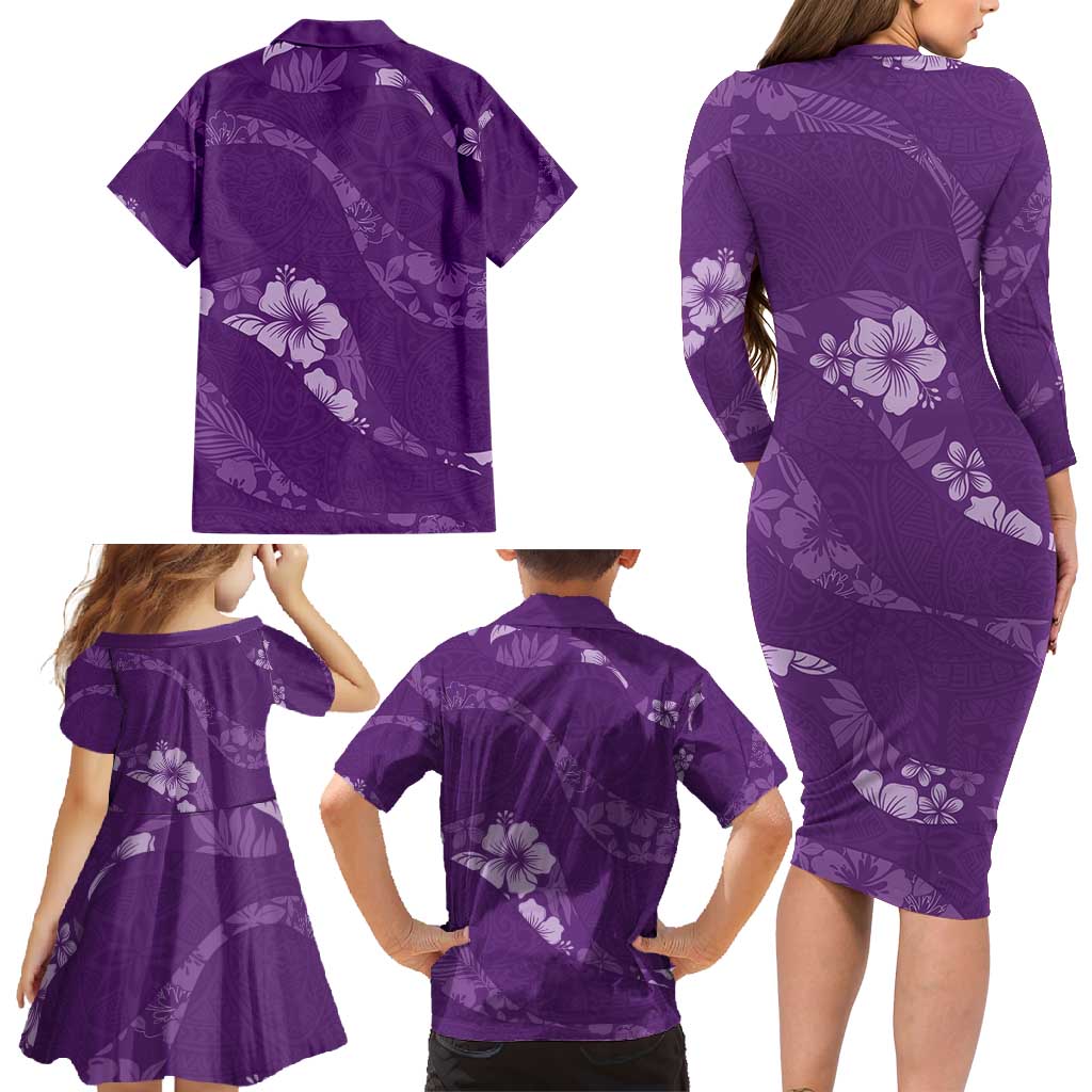 Aloha Hawaii Floral Tapa Family Matching Long Sleeve Bodycon Dress and Hawaiian Shirt Patchwork Violet LT7 - Polynesian Pride