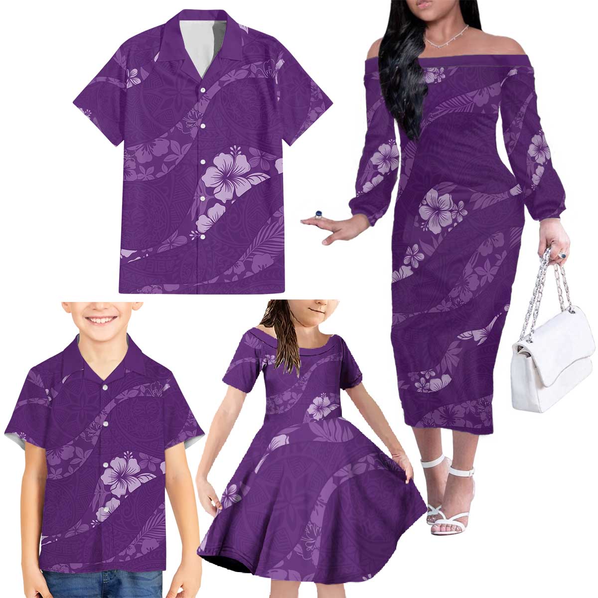 Aloha Hawaii Floral Tapa Family Matching Off The Shoulder Long Sleeve Dress and Hawaiian Shirt Patchwork Violet - Polynesian Pride