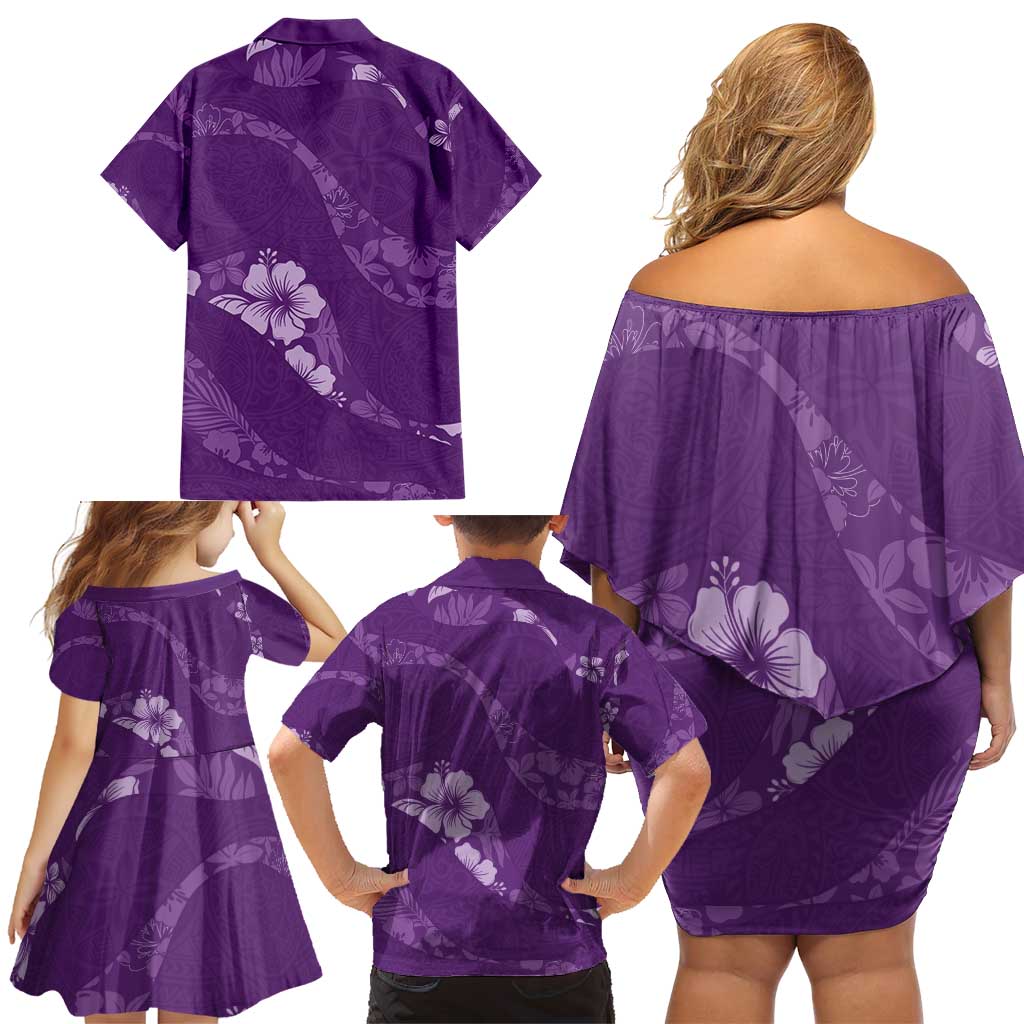 Aloha Hawaii Floral Tapa Family Matching Off Shoulder Short Dress and Hawaiian Shirt Patchwork Violet - Polynesian Pride