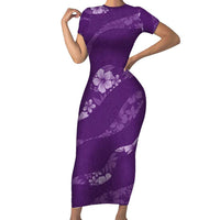 Aloha Hawaii Floral Tapa Family Matching Short Sleeve Bodycon Dress and Hawaiian Shirt Patchwork Violet LT7 Mom's Dress Violet - Polynesian Pride