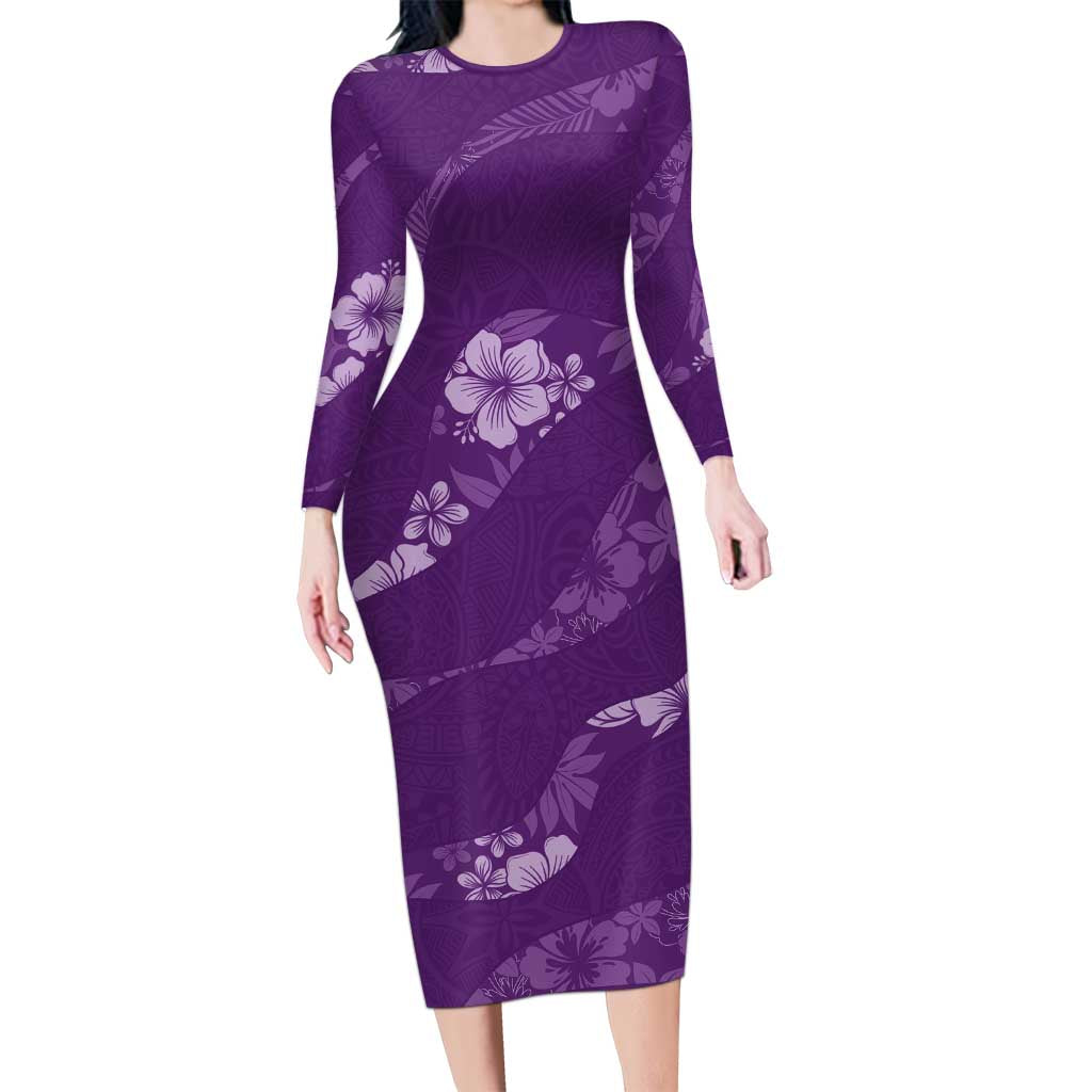 Aloha Hawaii Floral Tapa Long Sleeve Bodycon Dress Patchwork Violet - Polynesian Pride