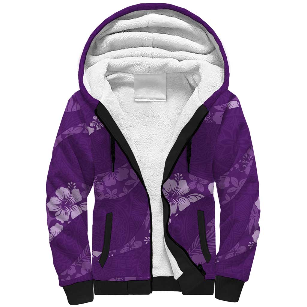 Aloha Hawaii Floral Tapa Sherpa Hoodie Patchwork Violet - Polynesian Pride