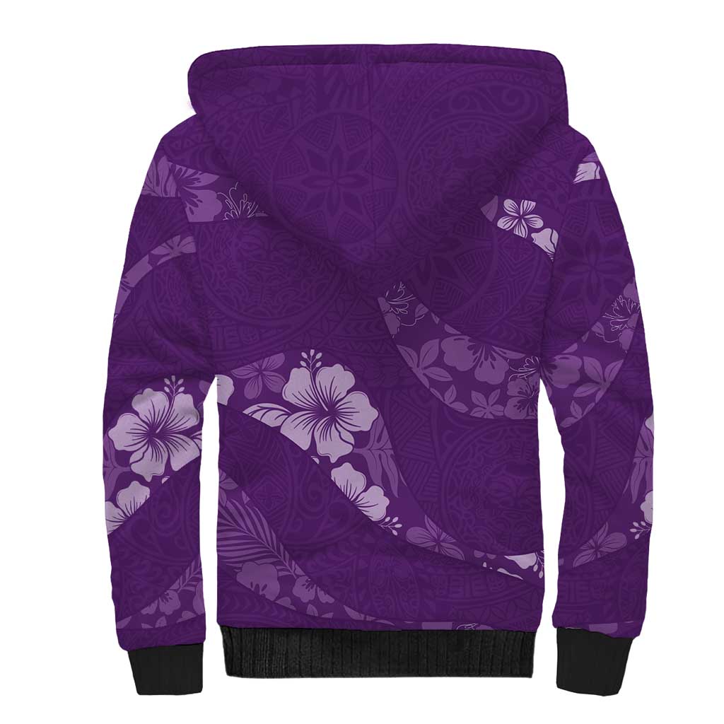 Aloha Hawaii Floral Tapa Sherpa Hoodie Patchwork Violet - Polynesian Pride