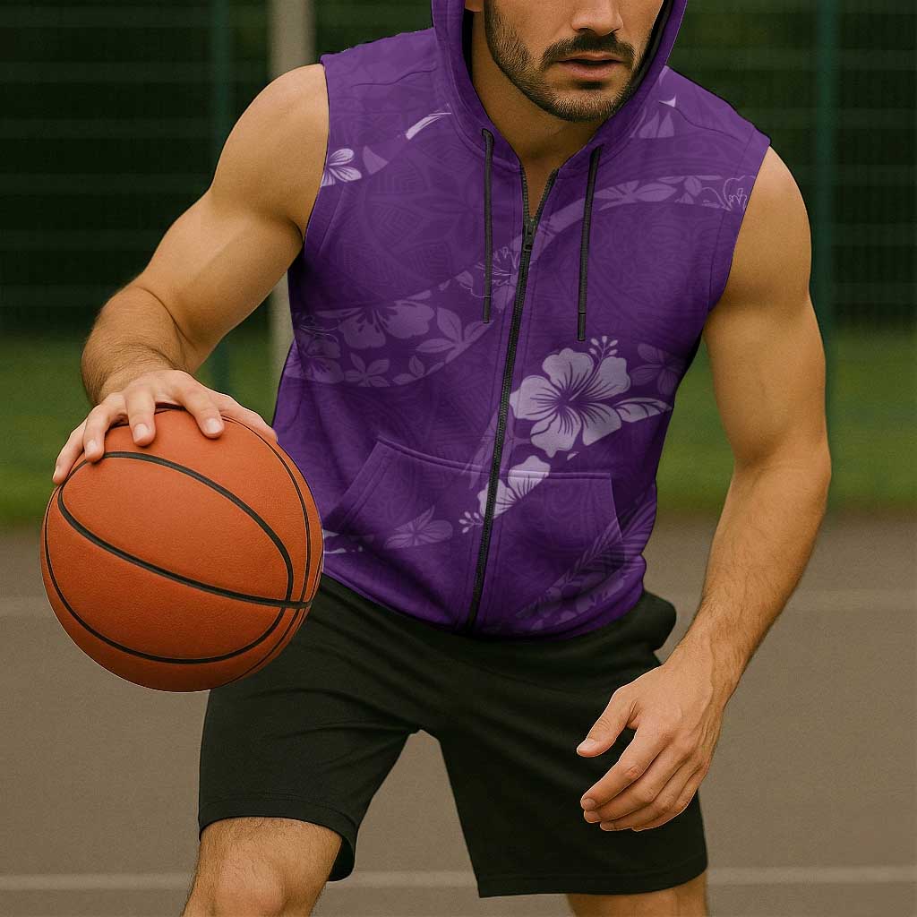 Aloha Hawaii Floral Tapa Sleeveless Zip Hoodie Patchwork Violet LT7 - Polynesian Pride