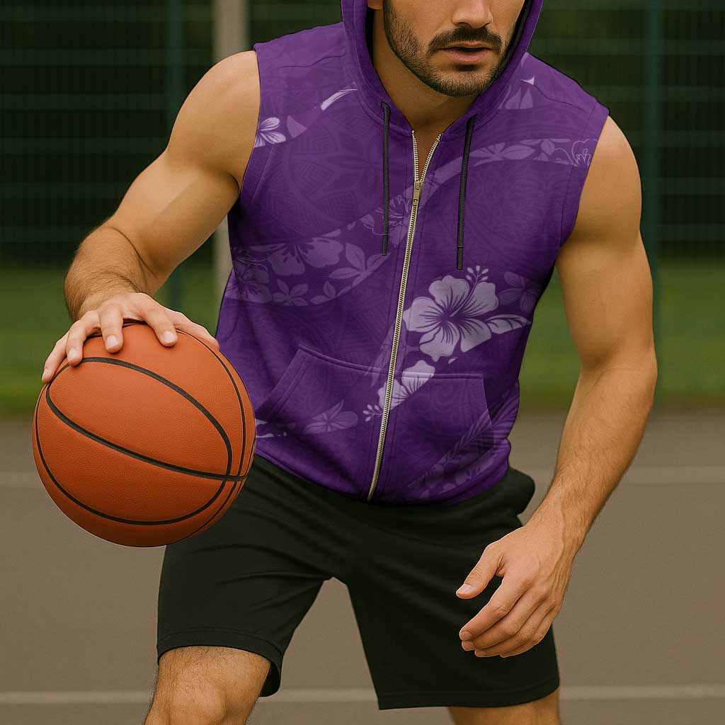 Aloha Hawaii Floral Tapa Sleeveless Zip Hoodie Patchwork Violet - Polynesian Pride