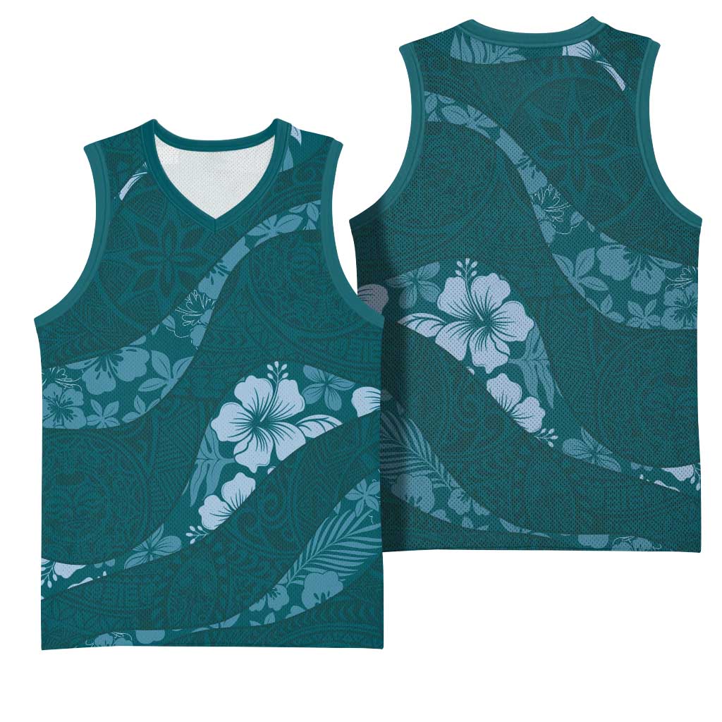 Aloha Hawaii Floral Tapa Basketball Jersey Patchwork Teal - Polynesian Pride