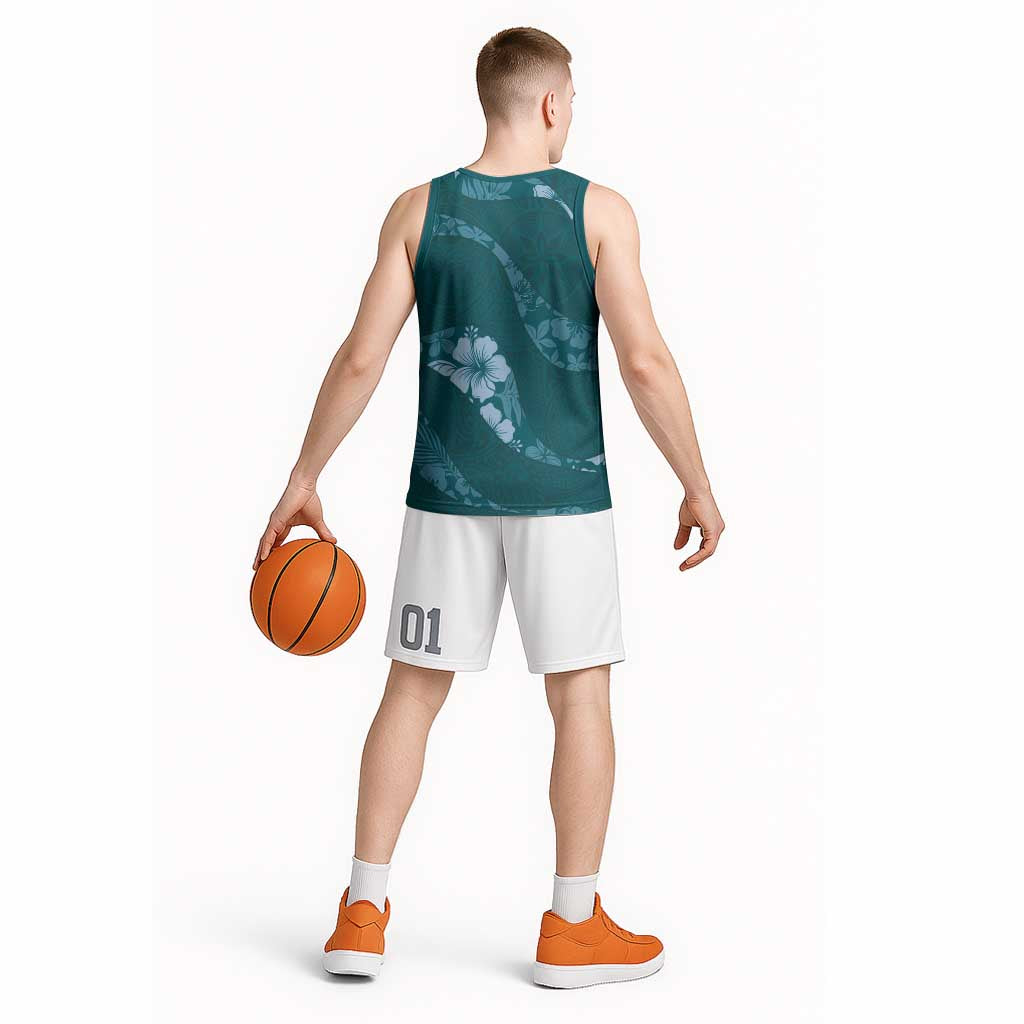 Aloha Hawaii Floral Tapa Basketball Jersey Patchwork Teal - Polynesian Pride