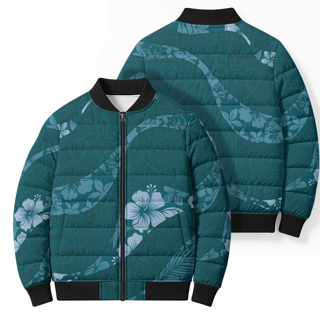 Aloha Hawaii Floral Tapa Bomber Puffer Jacket Patchwork Teal - Polynesian Pride