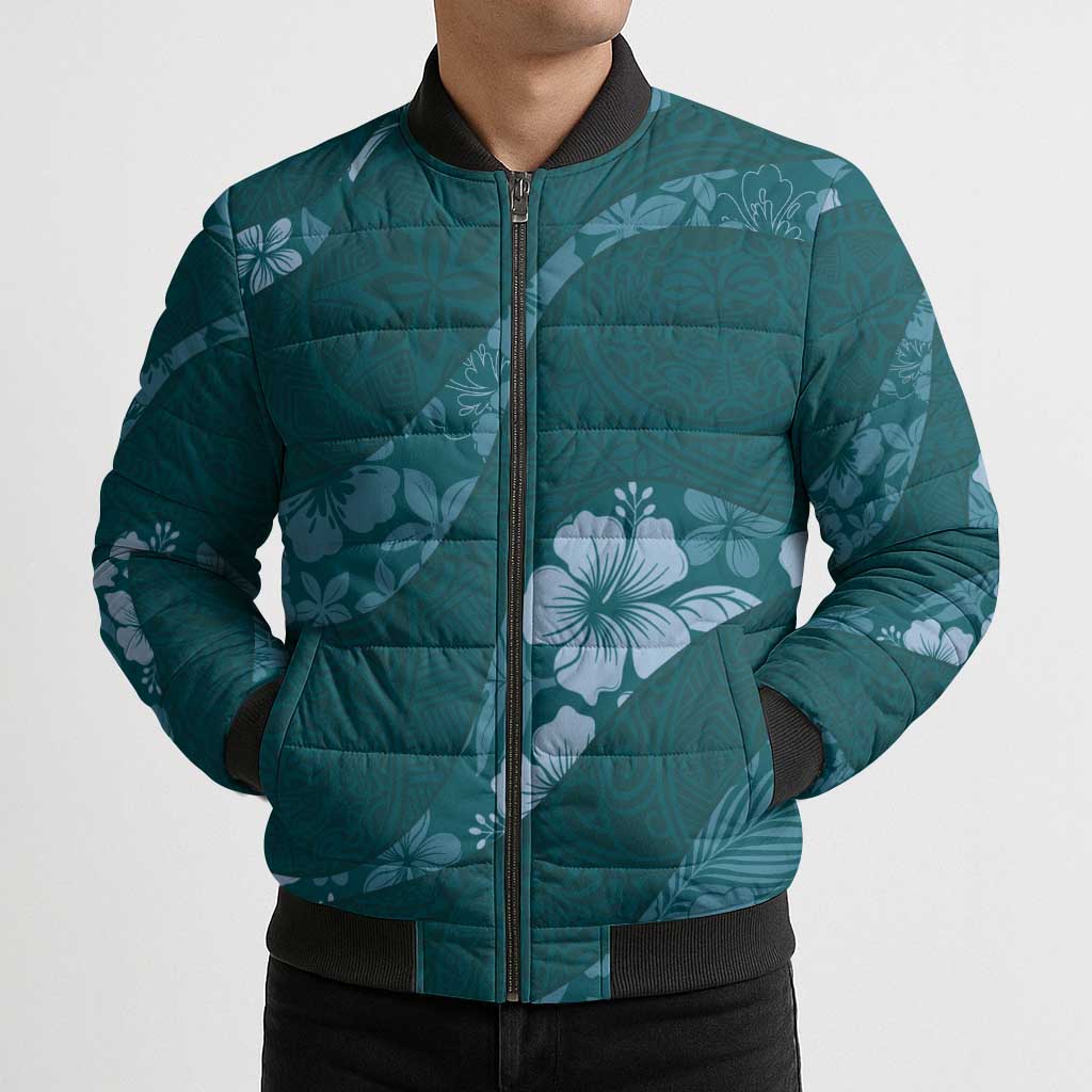 Aloha Hawaii Floral Tapa Bomber Puffer Jacket Patchwork Teal - Polynesian Pride