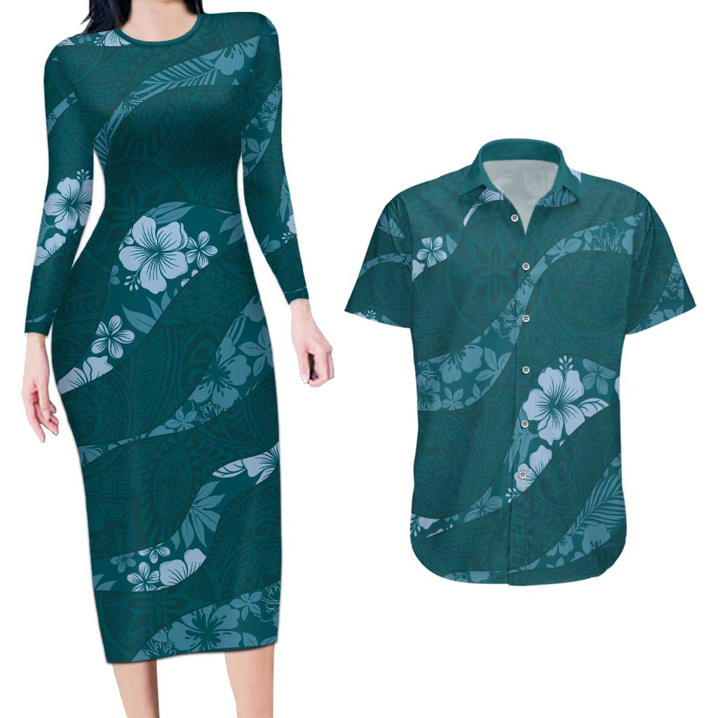 Aloha Hawaii Floral Tapa Couples Matching Long Sleeve Bodycon Dress and Hawaiian Shirt Patchwork Teal - Polynesian Pride