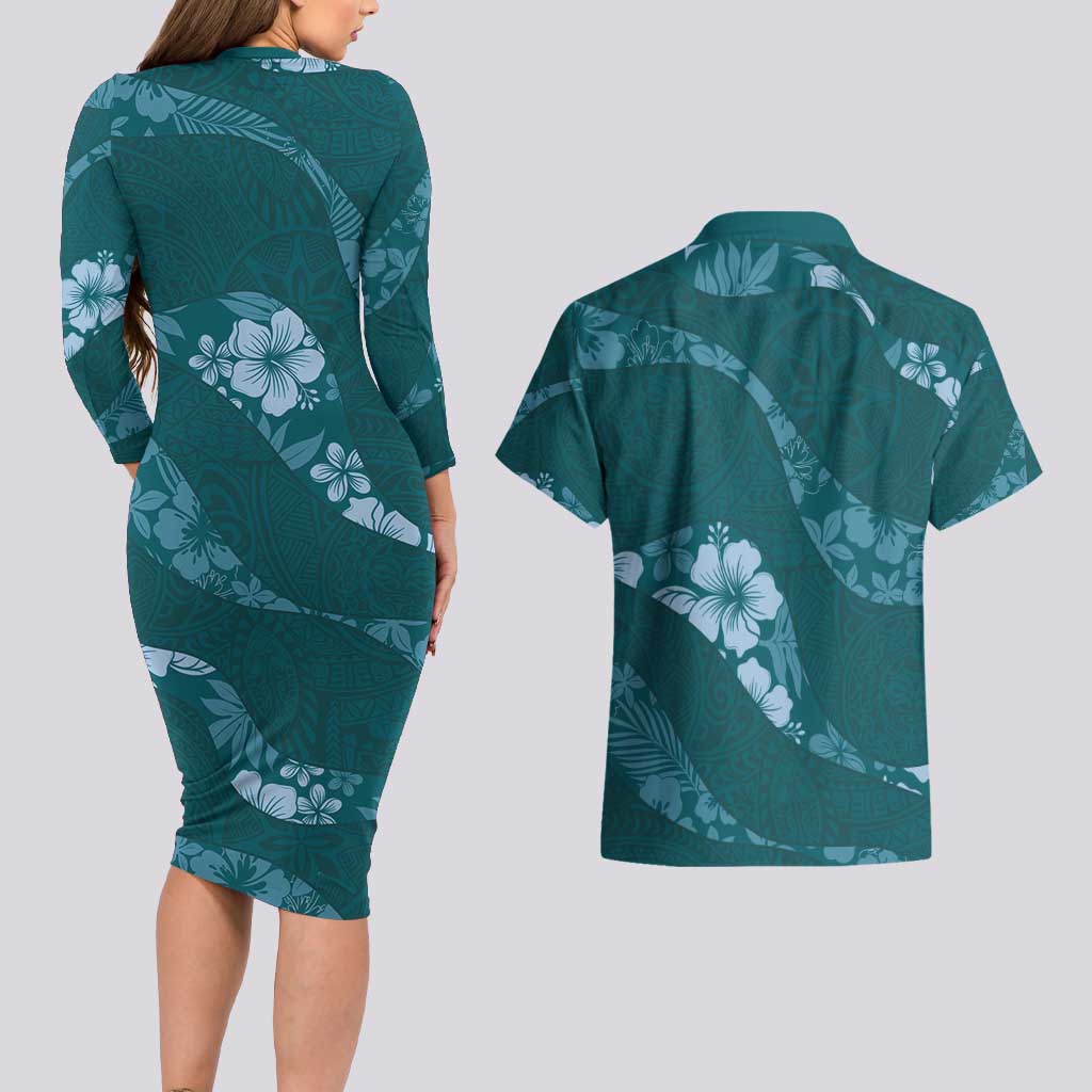 Aloha Hawaii Floral Tapa Couples Matching Long Sleeve Bodycon Dress and Hawaiian Shirt Patchwork Teal - Polynesian Pride