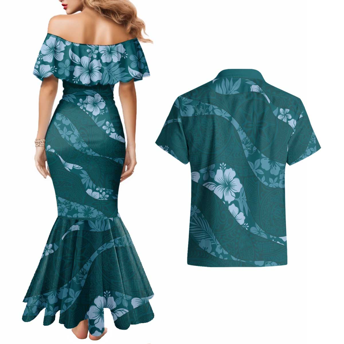Aloha Hawaii Floral Tapa Couples Matching Mermaid Dress and Hawaiian Shirt Patchwork Teal - Polynesian Pride
