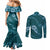 Aloha Hawaii Floral Tapa Couples Matching Mermaid Dress and Long Sleeve Button Shirt Patchwork Teal - Polynesian Pride
