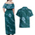 Aloha Hawaii Floral Tapa Couples Matching Off Shoulder Maxi Dress and Hawaiian Shirt Patchwork Teal - Polynesian Pride