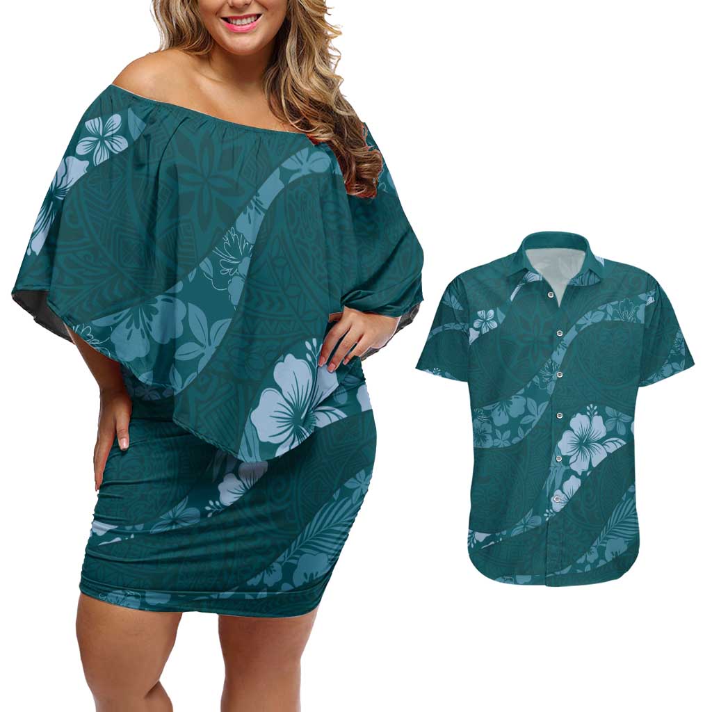 Aloha Hawaii Floral Tapa Couples Matching Off Shoulder Short Dress and Hawaiian Shirt Patchwork Teal - Polynesian Pride