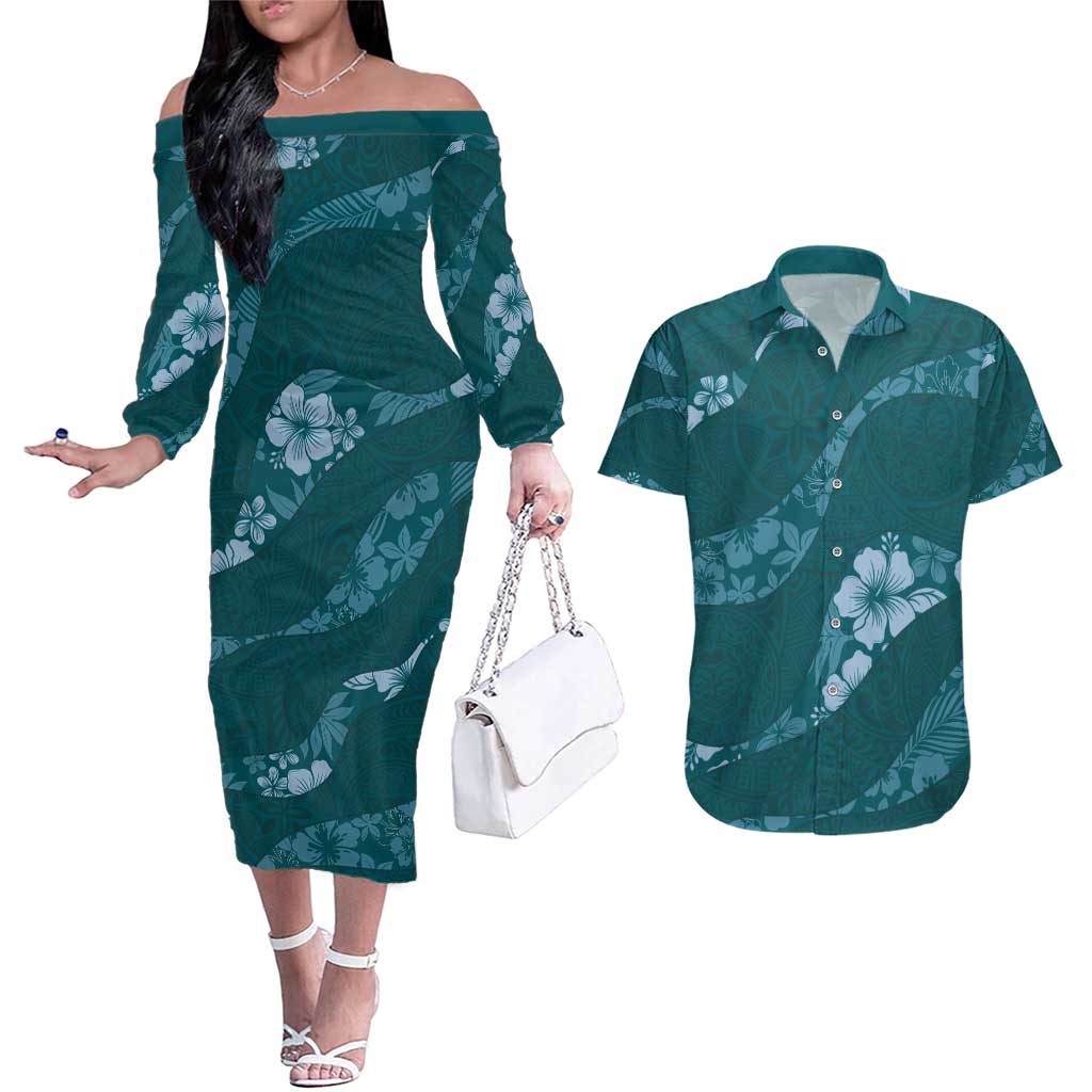 Aloha Hawaii Floral Tapa Couples Matching Off The Shoulder Long Sleeve Dress and Hawaiian Shirt Patchwork Teal - Polynesian Pride