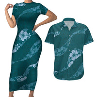 Aloha Hawaii Floral Tapa Couples Matching Short Sleeve Bodycon Dress and Hawaiian Shirt Patchwork Teal - Polynesian Pride