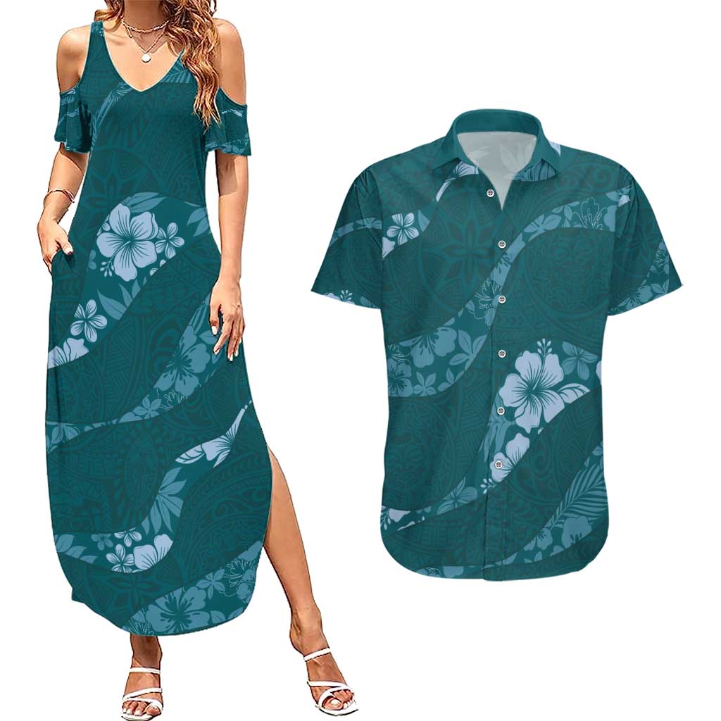 Aloha Hawaii Floral Tapa Couples Matching Summer Maxi Dress and Hawaiian Shirt Patchwork Teal - Polynesian Pride