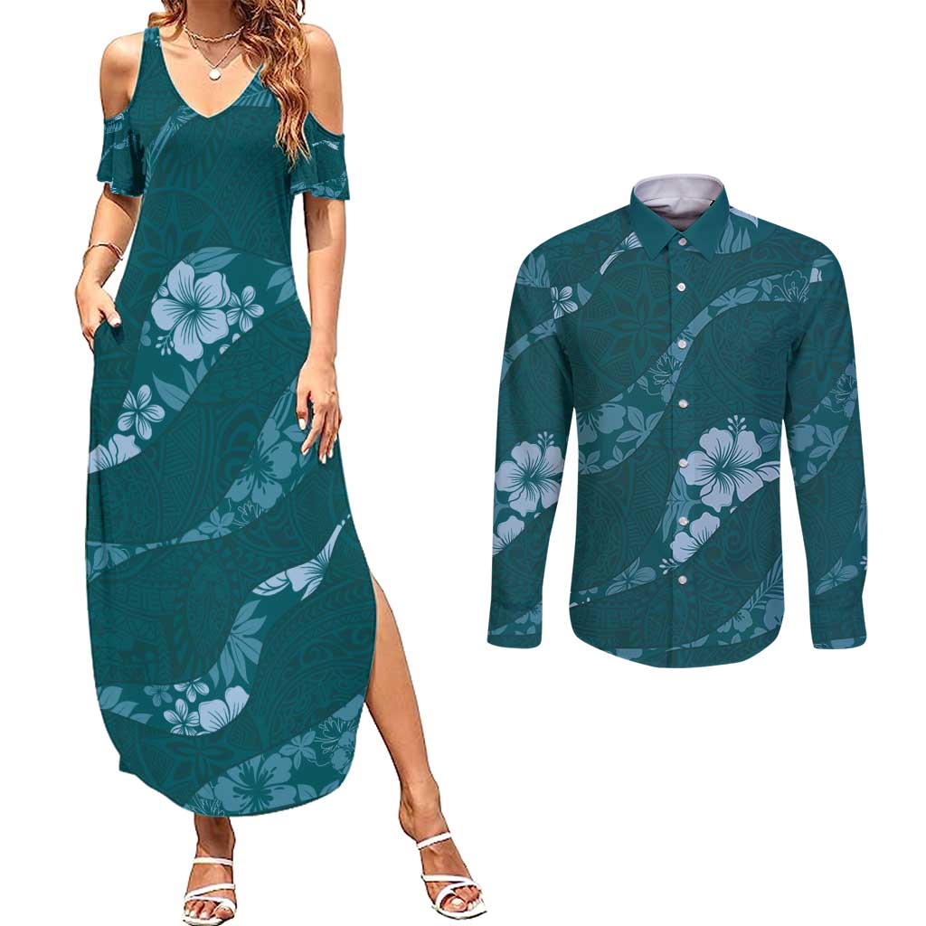 Aloha Hawaii Floral Tapa Couples Matching Summer Maxi Dress and Long Sleeve Button Shirt Patchwork Teal - Polynesian Pride