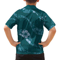 Aloha Hawaii Floral Tapa Family Matching Long Sleeve Bodycon Dress and Hawaiian Shirt Patchwork Teal LT7 - Polynesian Pride