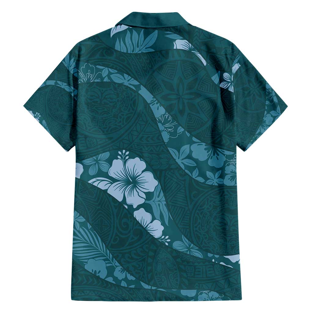 Aloha Hawaii Floral Tapa Family Matching Long Sleeve Bodycon Dress and Hawaiian Shirt Patchwork Teal LT7 - Polynesian Pride
